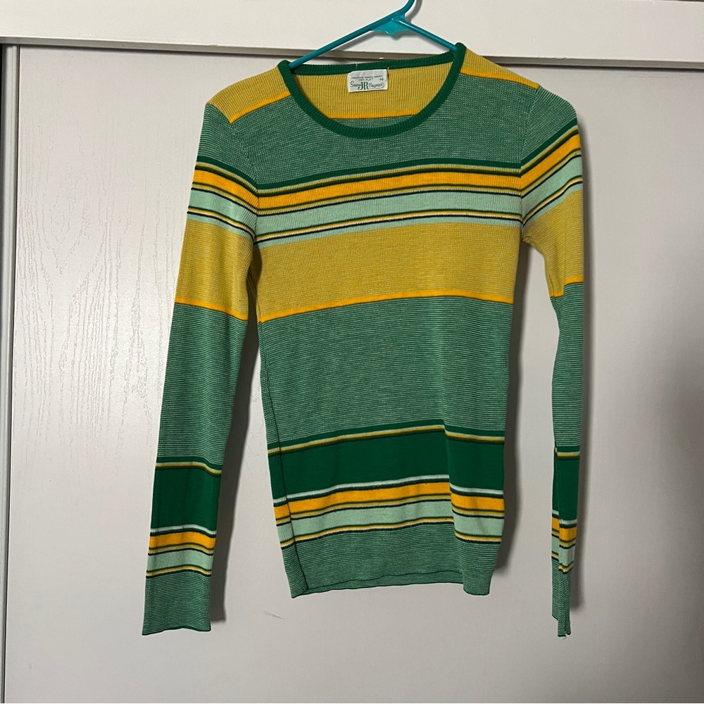 Striped Green and Yellow Women's Sweater top vintage Sears Jr Bazaar